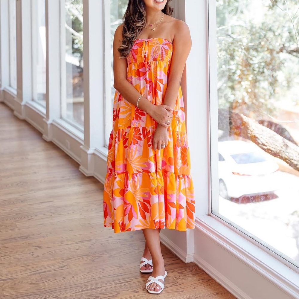 Anthropologie Abel the Label Smock Tier Midi Dress/Maxi Skirt Pink Orange-XS